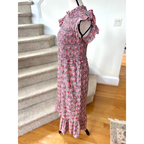 Anna Cate Pink Floral Block Print Shirred Ruffle Sleeve Midi Dress - Picture 5 of 8